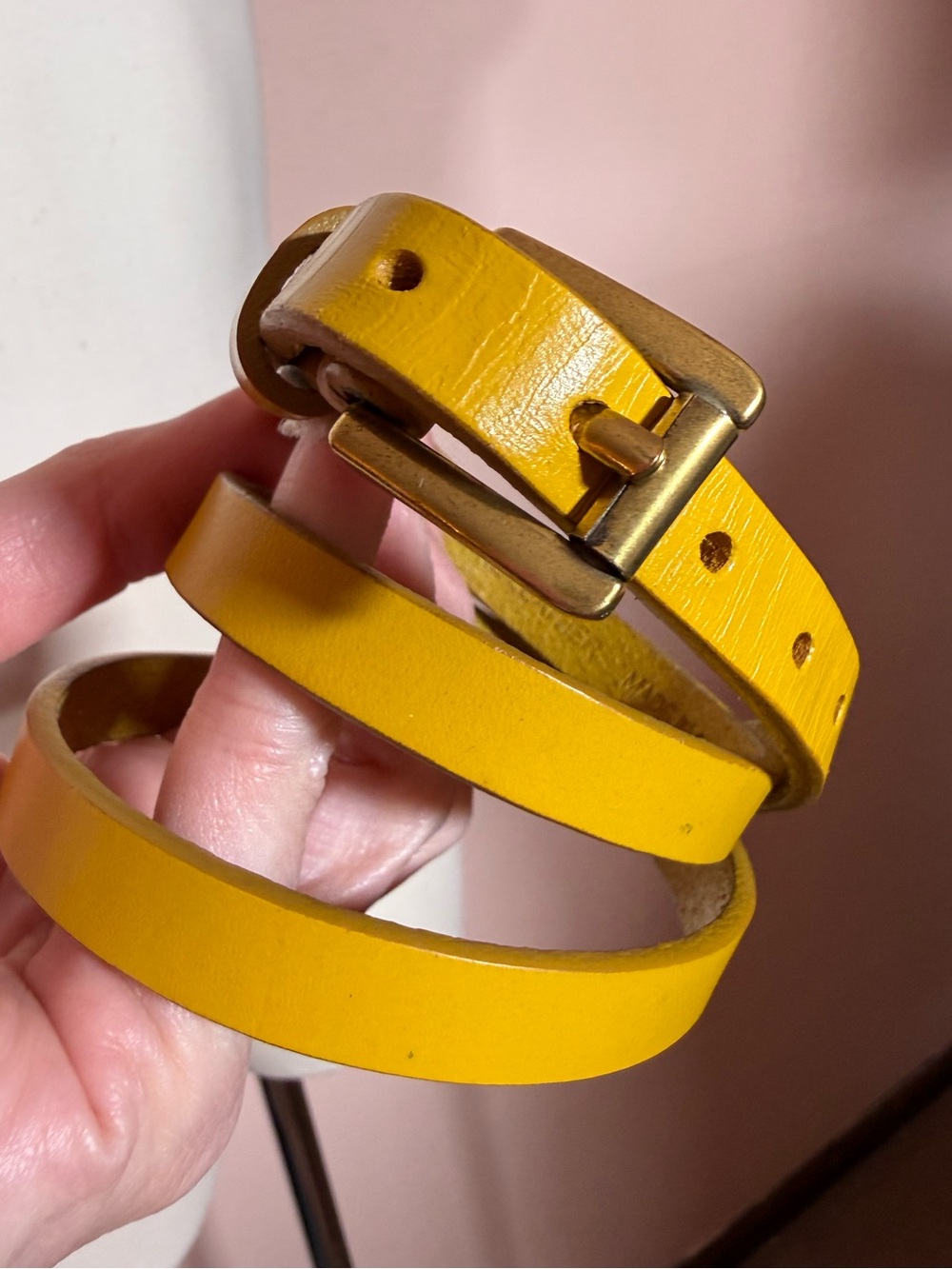 Vintage retro yellow leather minimalist ultra skinny Belt small medium